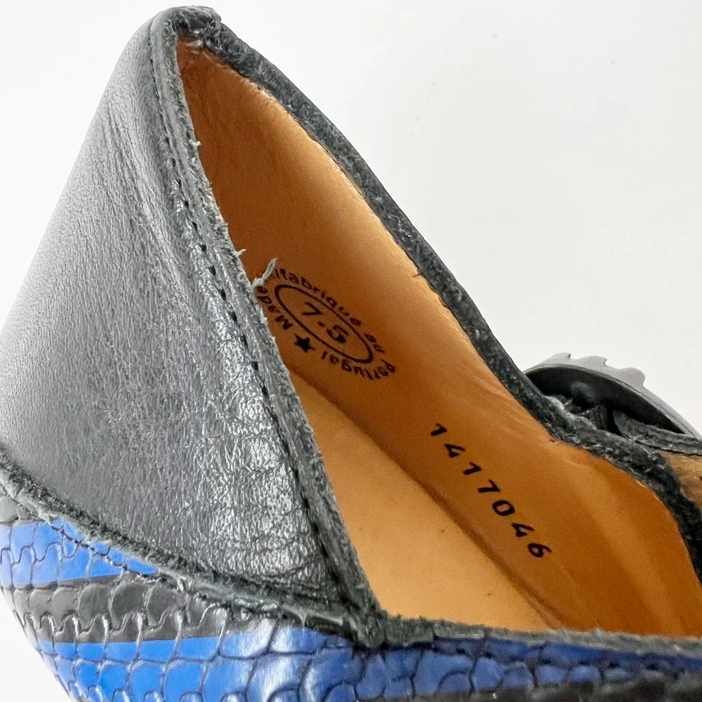 John Fluevog Mary Janes Heels 7.5 Blue Black Prepare Leader Striped Leather